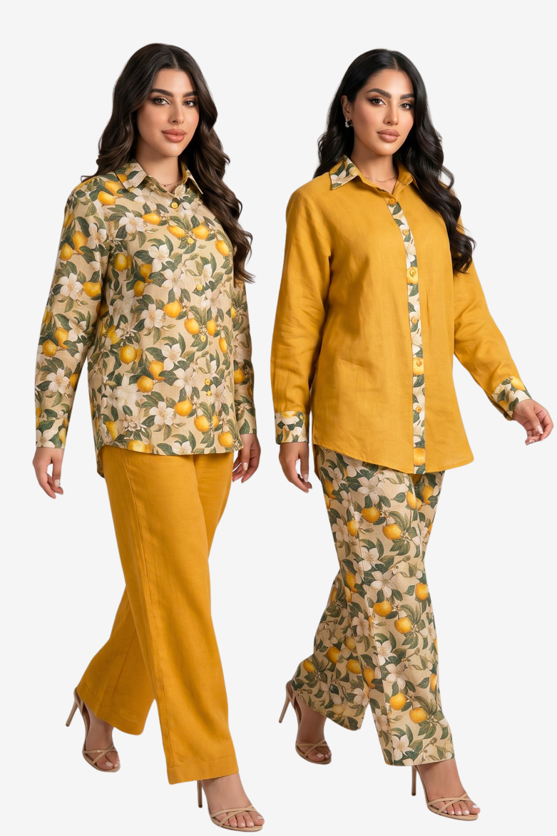 Lemon Blossom Mix &amp; Match Linen Blend Co-ord Set featuring printed and solid top styling options with matching trousers