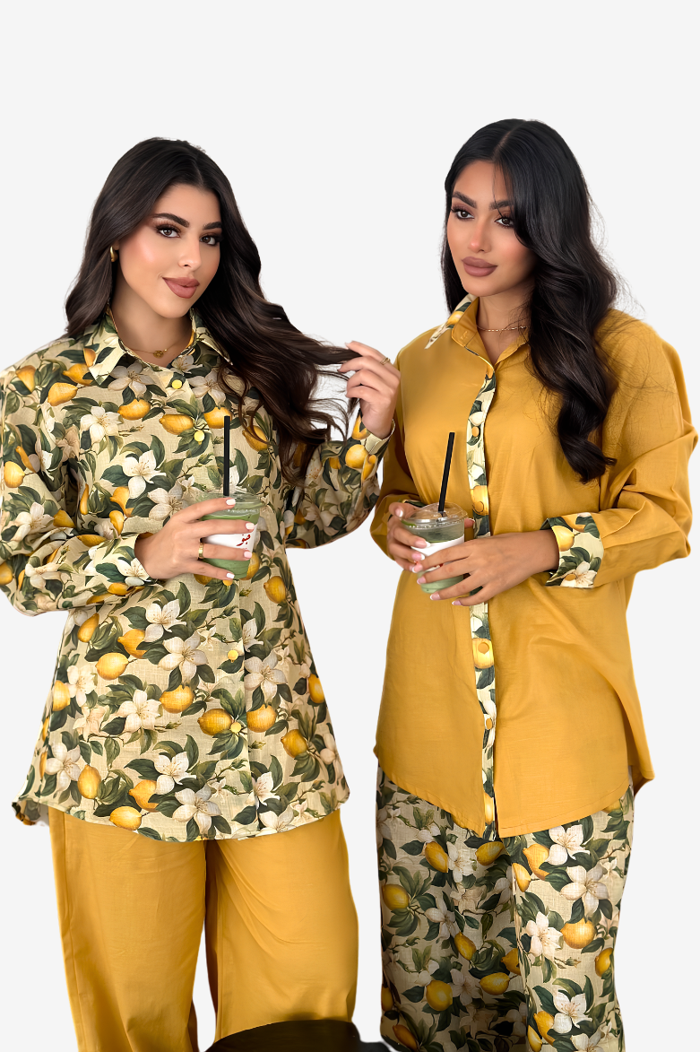 Lemon Blossom Mix &amp; Match Linen Blend Co-ord Set front view with botanical lemon blossom print and solid linen blend top