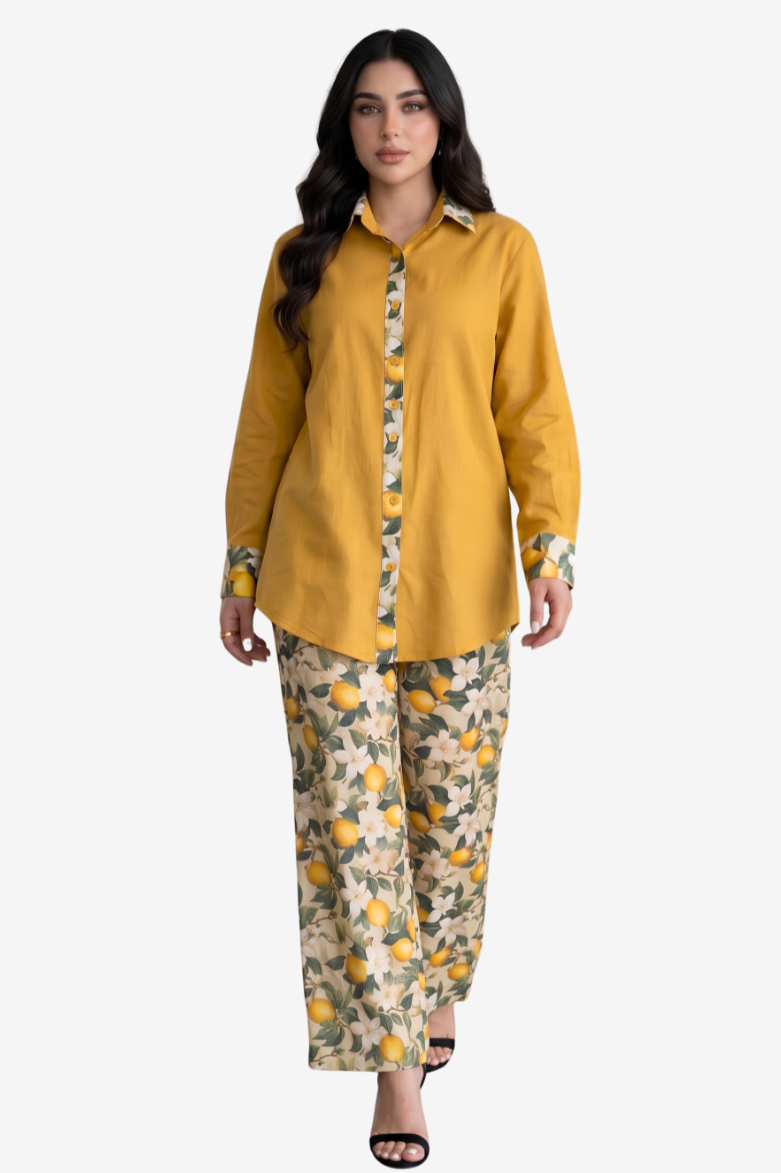 Lemon Blossom Mix &amp; Match Linen Blend Co-ord Set plain shirt styled with botanical lemon blossom print trousers