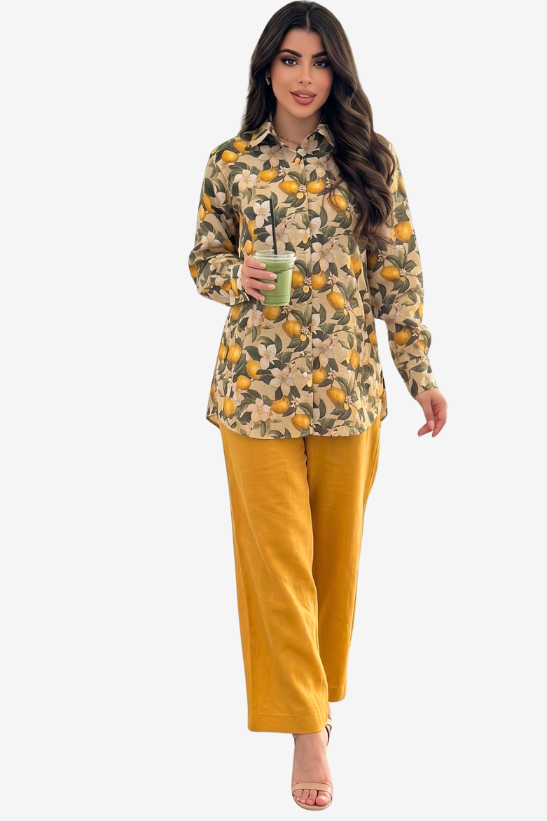 Lemon Blossom Mix &amp; Match Linen Blend Co-ord Set printed shirt with coordinating wide-leg linen blend trousers