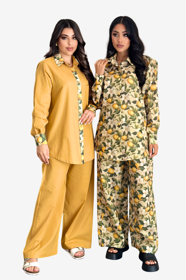Lemon Blossom Signature Linen Blend Co-ord Set featuring botanical print and solid design variants with matching trousers