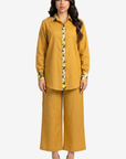 Lemon Blossom Signature Linen Blend Co-ord Set solid shirt with botanical print trim