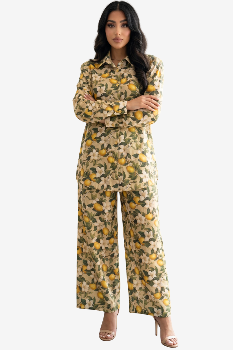 Lemon Blossom Signature Linen Blend Co-ord Set printed shirt with matching wide-leg trousers