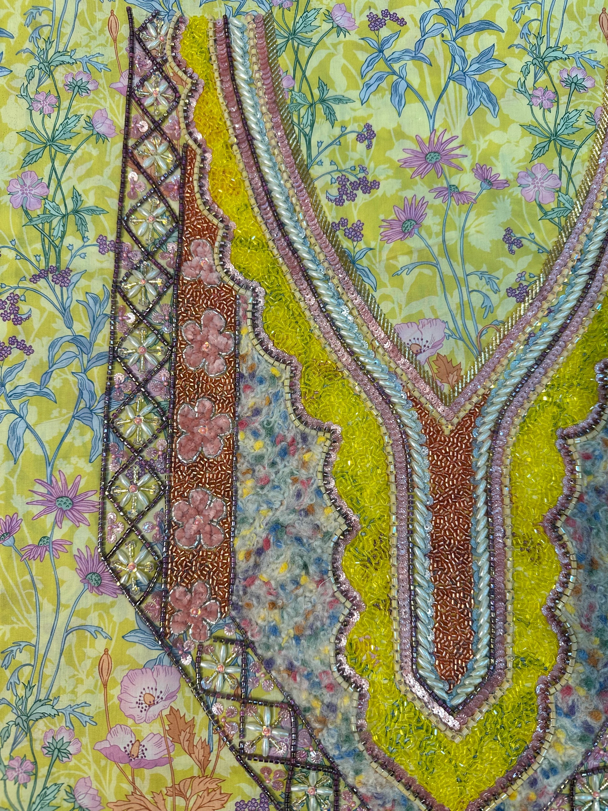 Close-up of the embroidered neck panel on the Lime Liberty Cotton Mukhawar showcasing intricate detailing on premium Liberty cotton fabric.