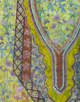 Close-up of the embroidered neck panel on the Lime Liberty Cotton Mukhawar showcasing intricate detailing on premium Liberty cotton fabric.