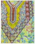 Close-up of a layered hand-beaded neckline with lime, copper, pale blue and multicoloured textured details on Liberty fabric.