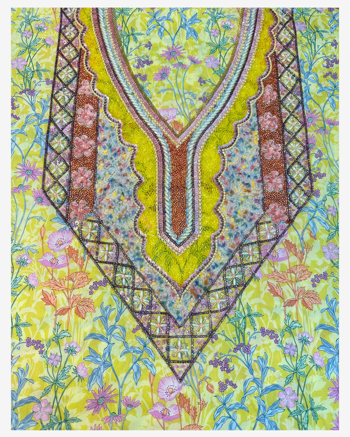 Full embellished neckline design on lime botanical Liberty mukhawar fabric with pink, copper and lilac beadwork.