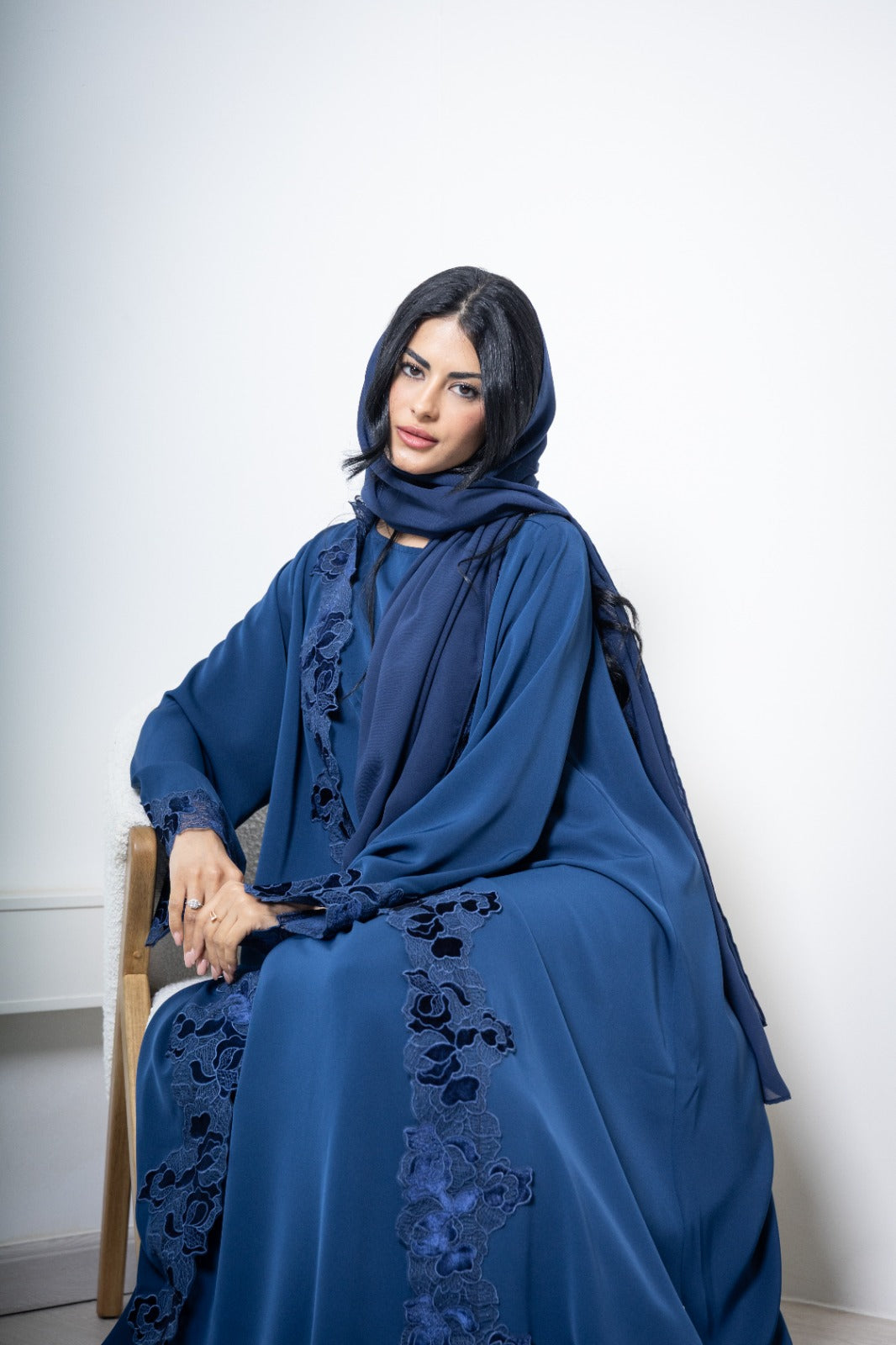 Makhood Abaya with Floral Lace Trim in Navy Blue