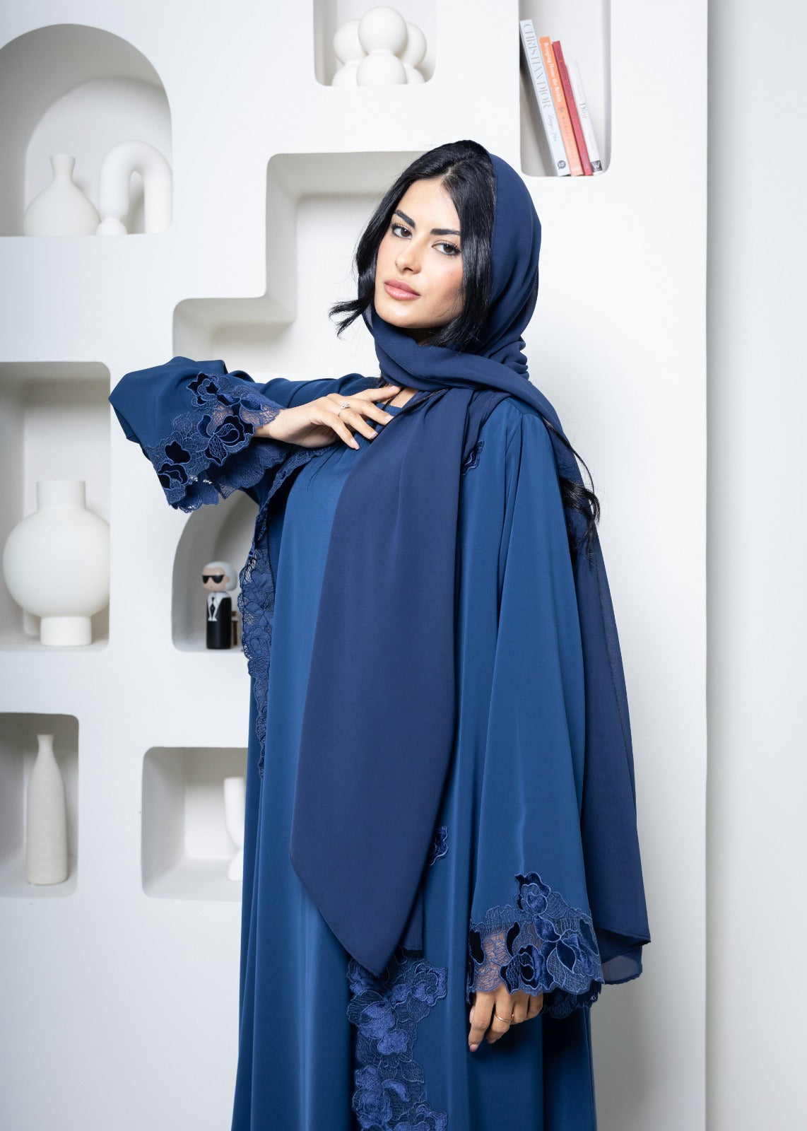 Makhood Abaya with Floral Lace Trim in Navy Blue
