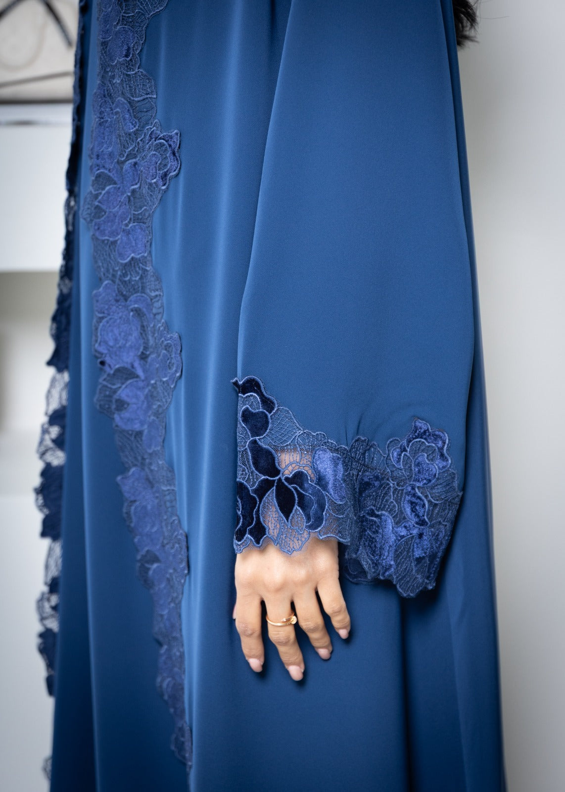 Makhood Abaya with Floral Lace Trim in Navy Blue