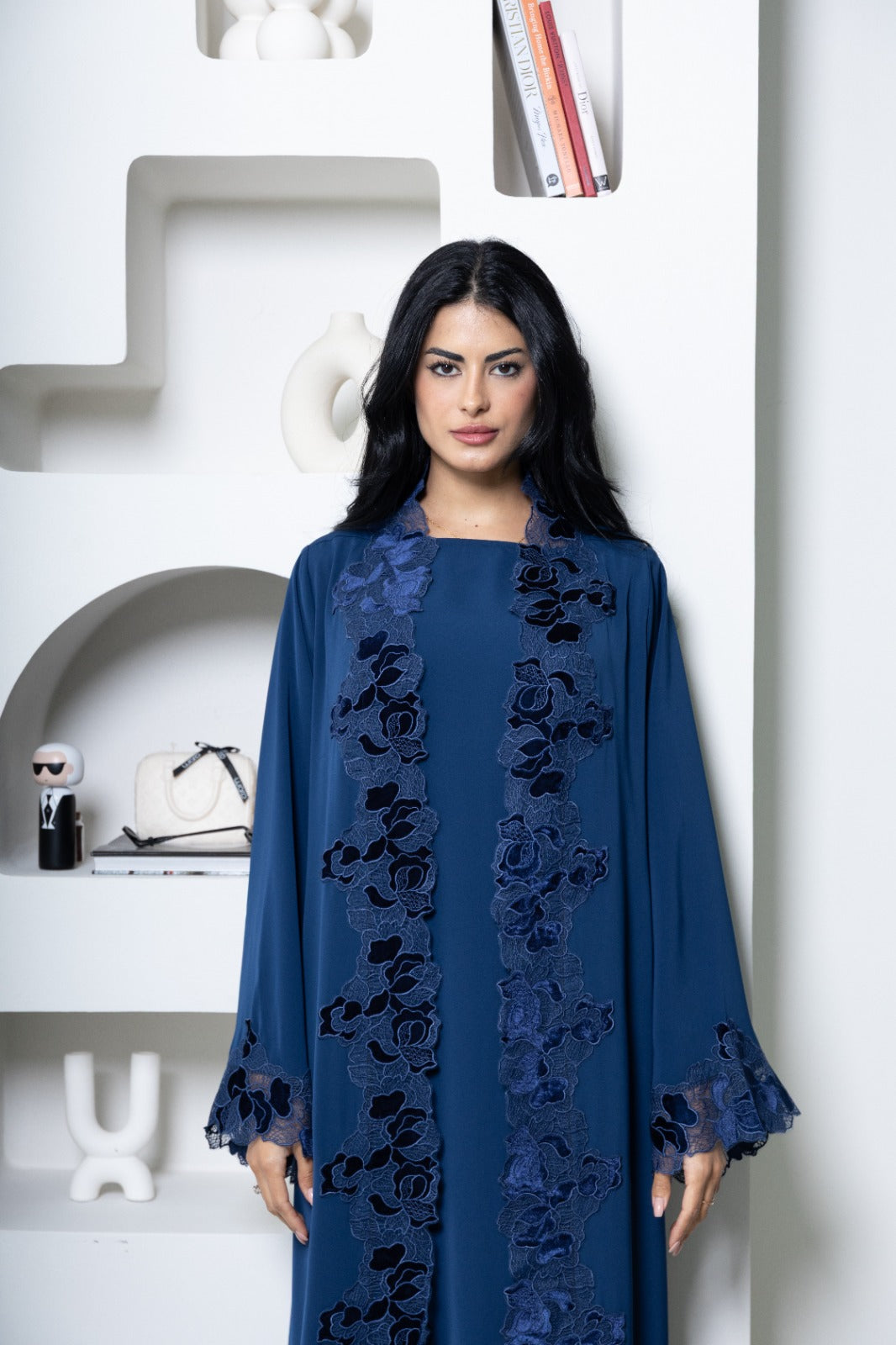 Makhood Abaya with Floral Lace Trim in Navy Blue