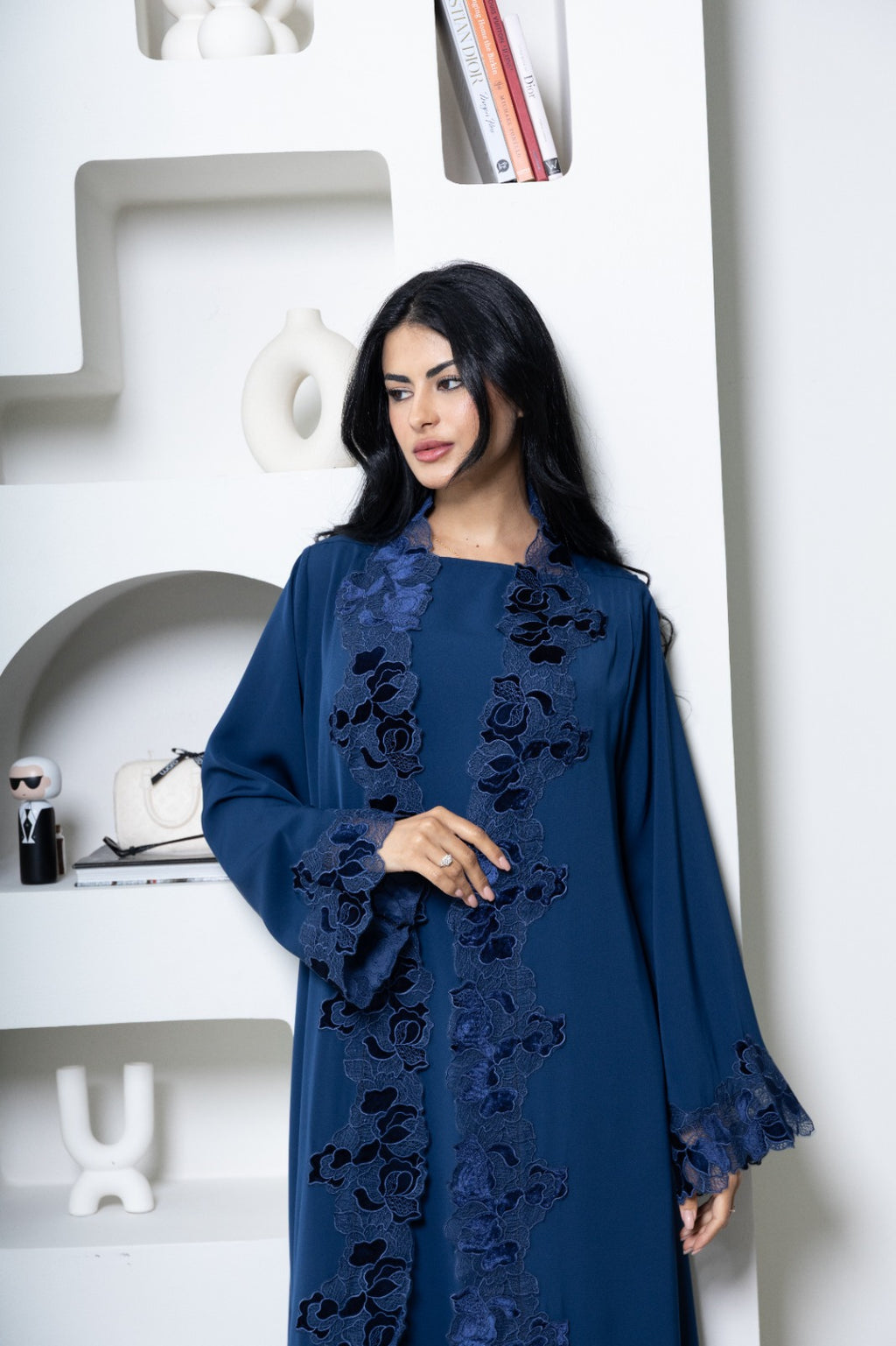 Makhood Abaya with Floral Lace Trim in Navy Blue