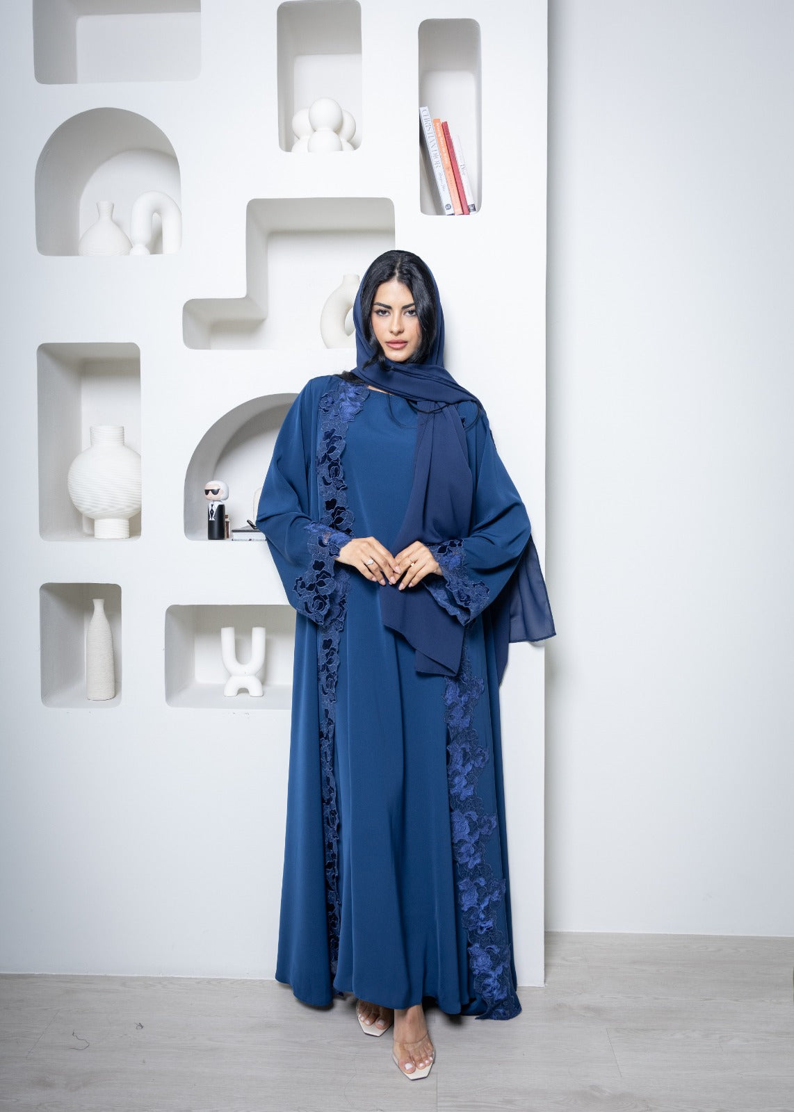 Makhood Abaya with Floral Lace Trim in Navy Blue