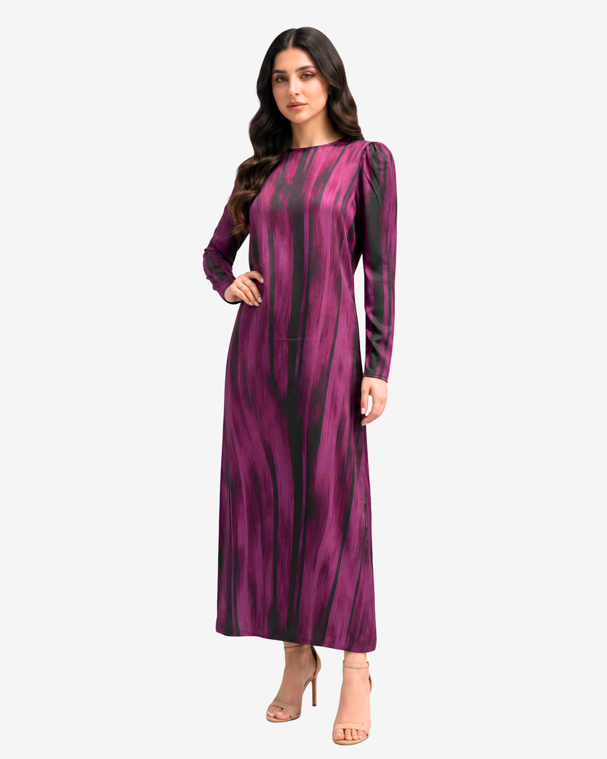 Side view of the Midnight Brush Silk Blend Dress showcasing its elegant drape, long sleeves, and contemporary artistic print.
