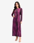 Side view of the Midnight Brush Silk Blend Dress showcasing its elegant drape, long sleeves, and contemporary artistic print.