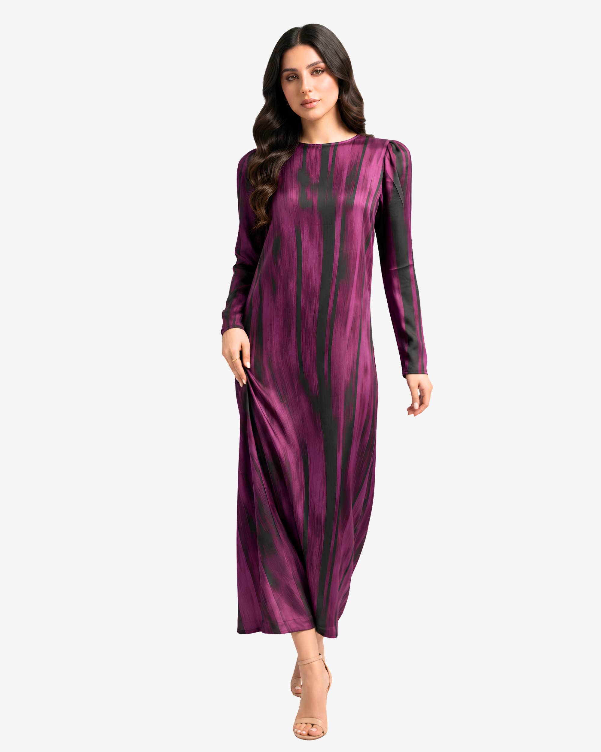 Full-length Midnight Brush Silk Blend Dress in premium silk blend fabric with a modern brushstroke design and modest straight-cut silhouette.
