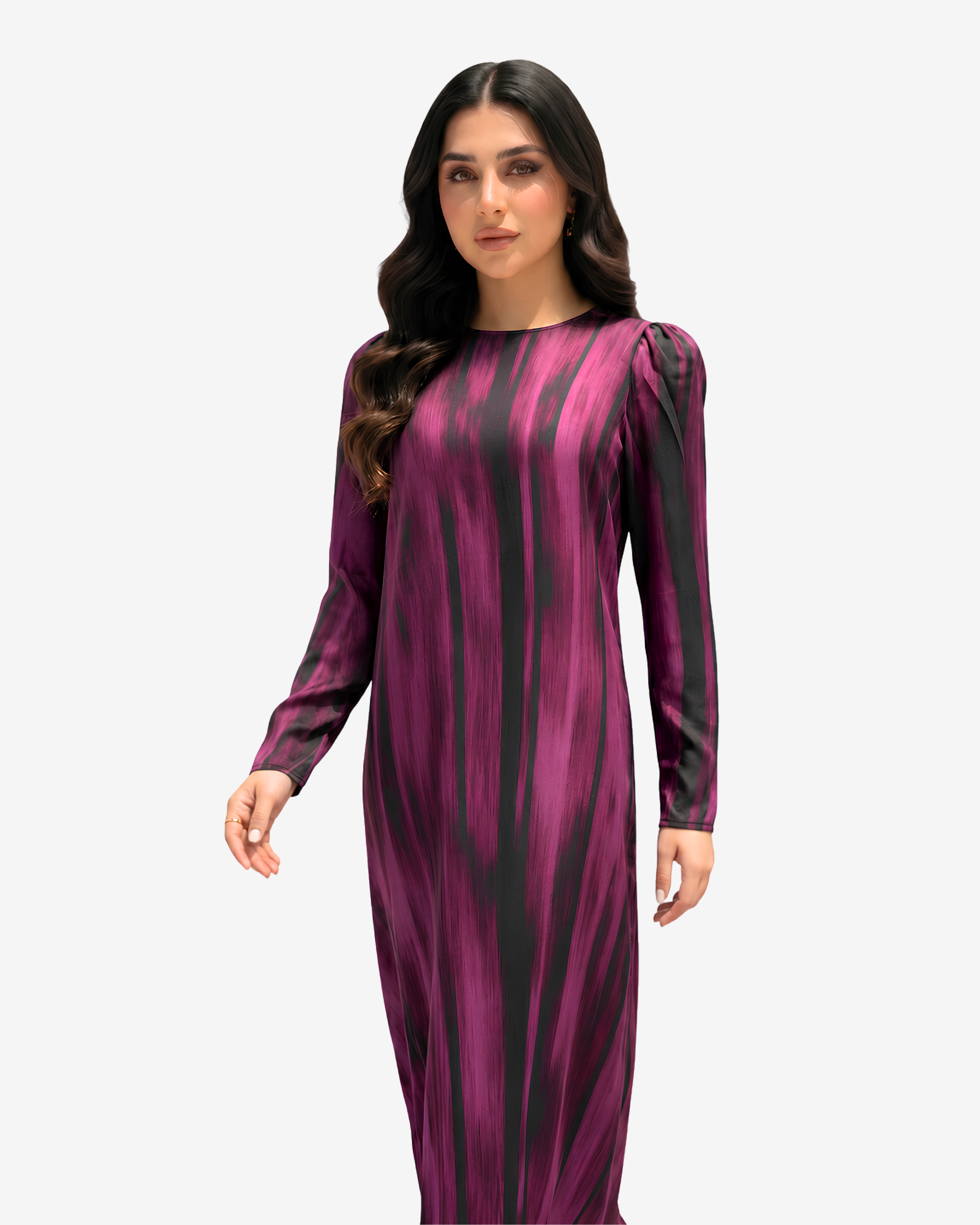 Close-up of the Midnight Brush Silk Blend Dress highlighting the round neckline, silky fabric, and artistic brushstroke pattern.