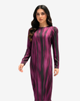 Close-up of the Midnight Brush Silk Blend Dress highlighting the round neckline, silky fabric, and artistic brushstroke pattern.