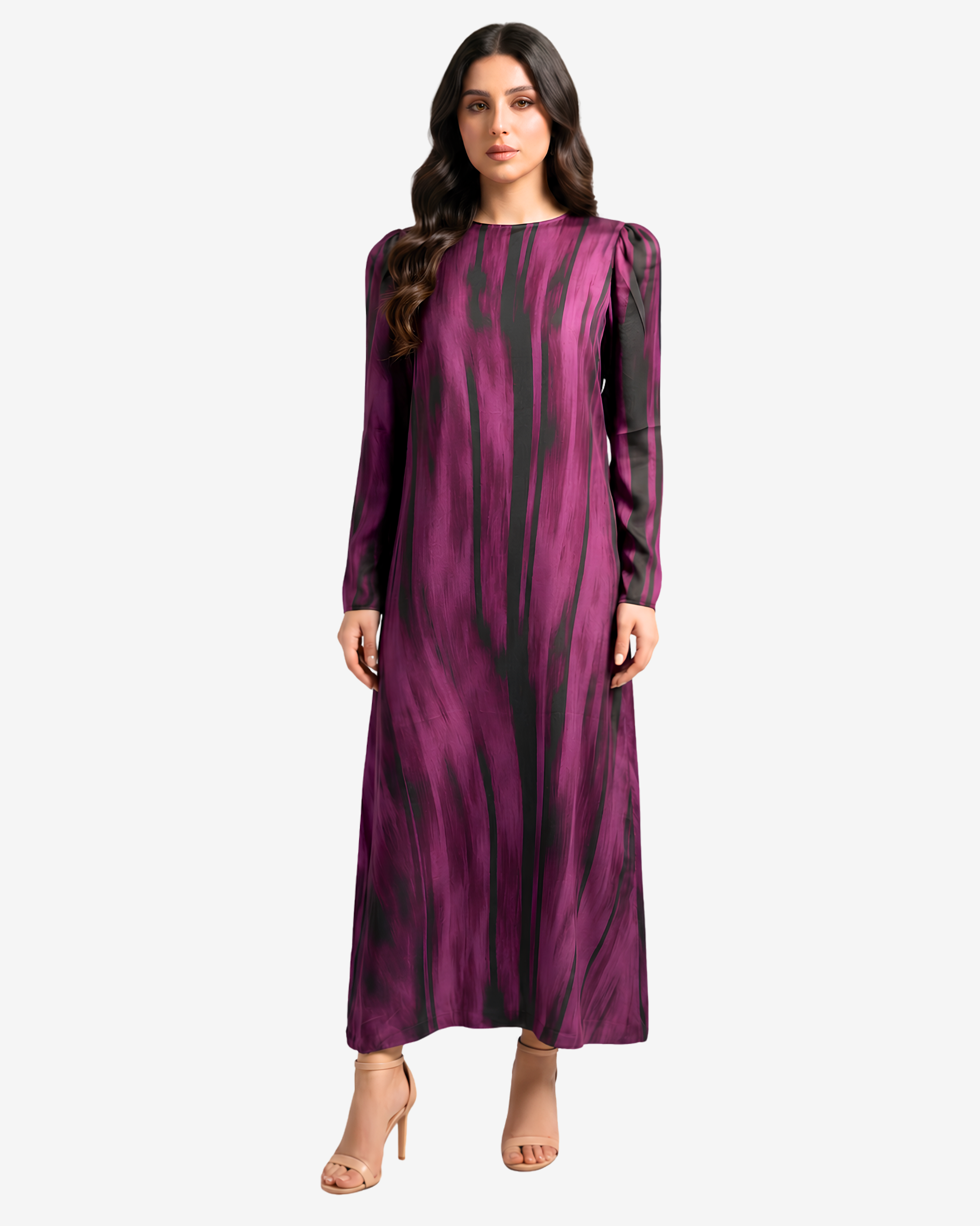 Midnight Brush Silk Blend Dress by Gharza Couture featuring a full-length modest silhouette with an artistic plum and black brushstroke print.