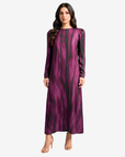 Midnight Brush Silk Blend Dress by Gharza Couture featuring a full-length modest silhouette with an artistic plum and black brushstroke print.