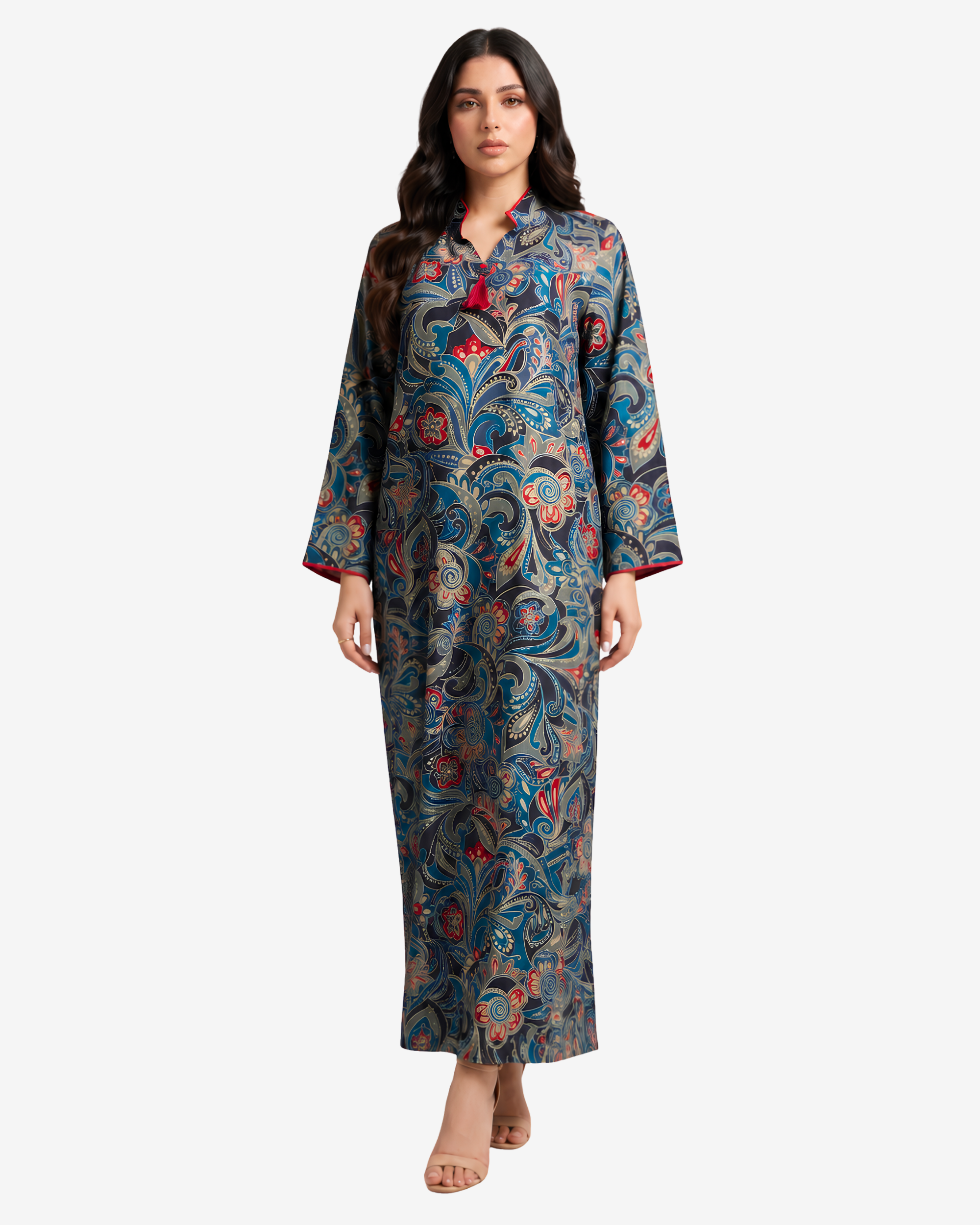 Luxury silk Mukhawar with a sophisticated paisley print, mandarin collar, tassel neckline, and flowing full-length silhouette.
