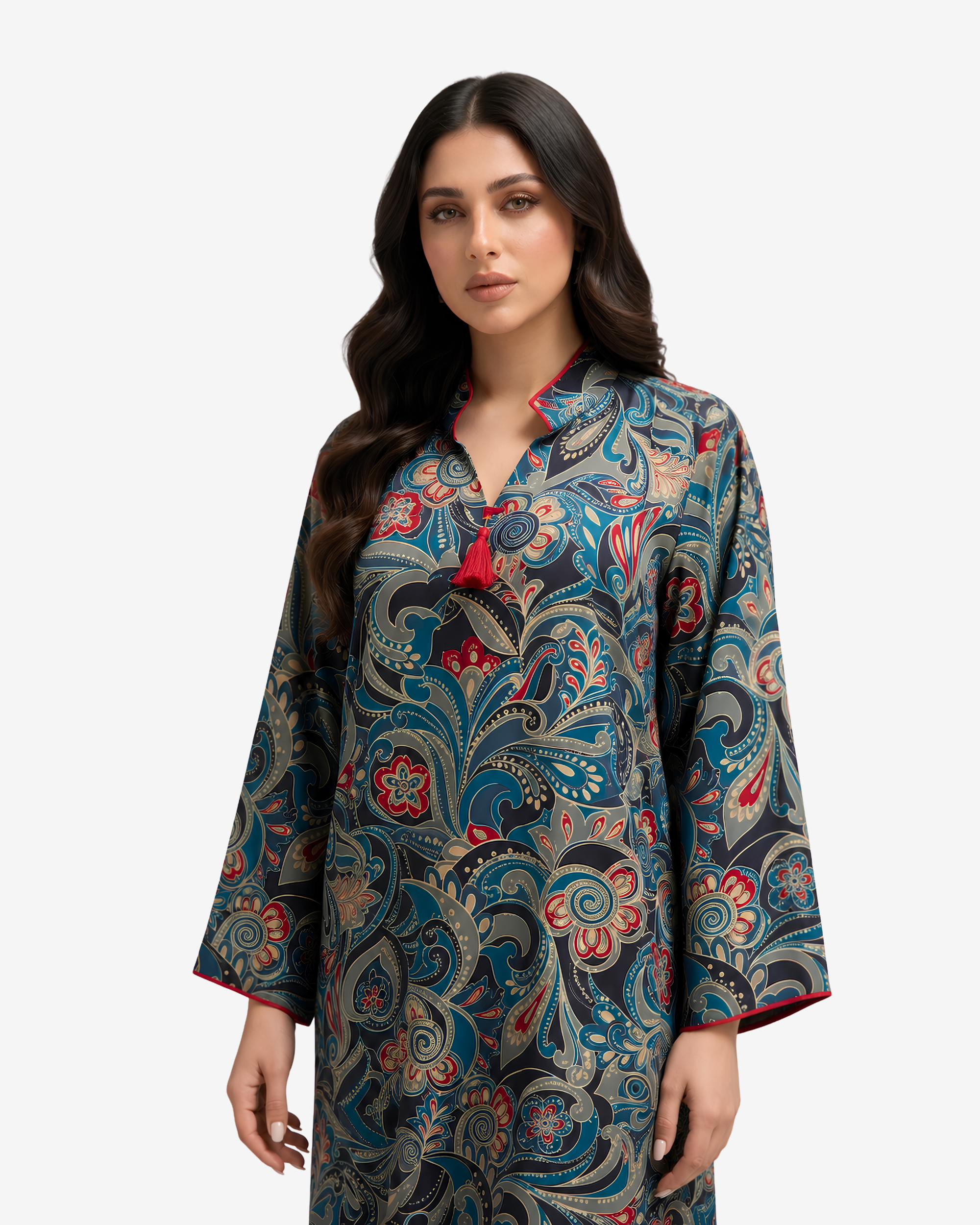Close-up of the Midnight Paisley Tassel Silk Mukhawar highlighting the mandarin collar, tassel detail, premium silk fabric, and intricate paisley print.