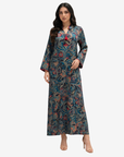 Midnight Paisley Tassel Silk Mukhawar by Gharza Couture featuring a full-length modest silhouette with an elegant paisley print and mandarin collar.