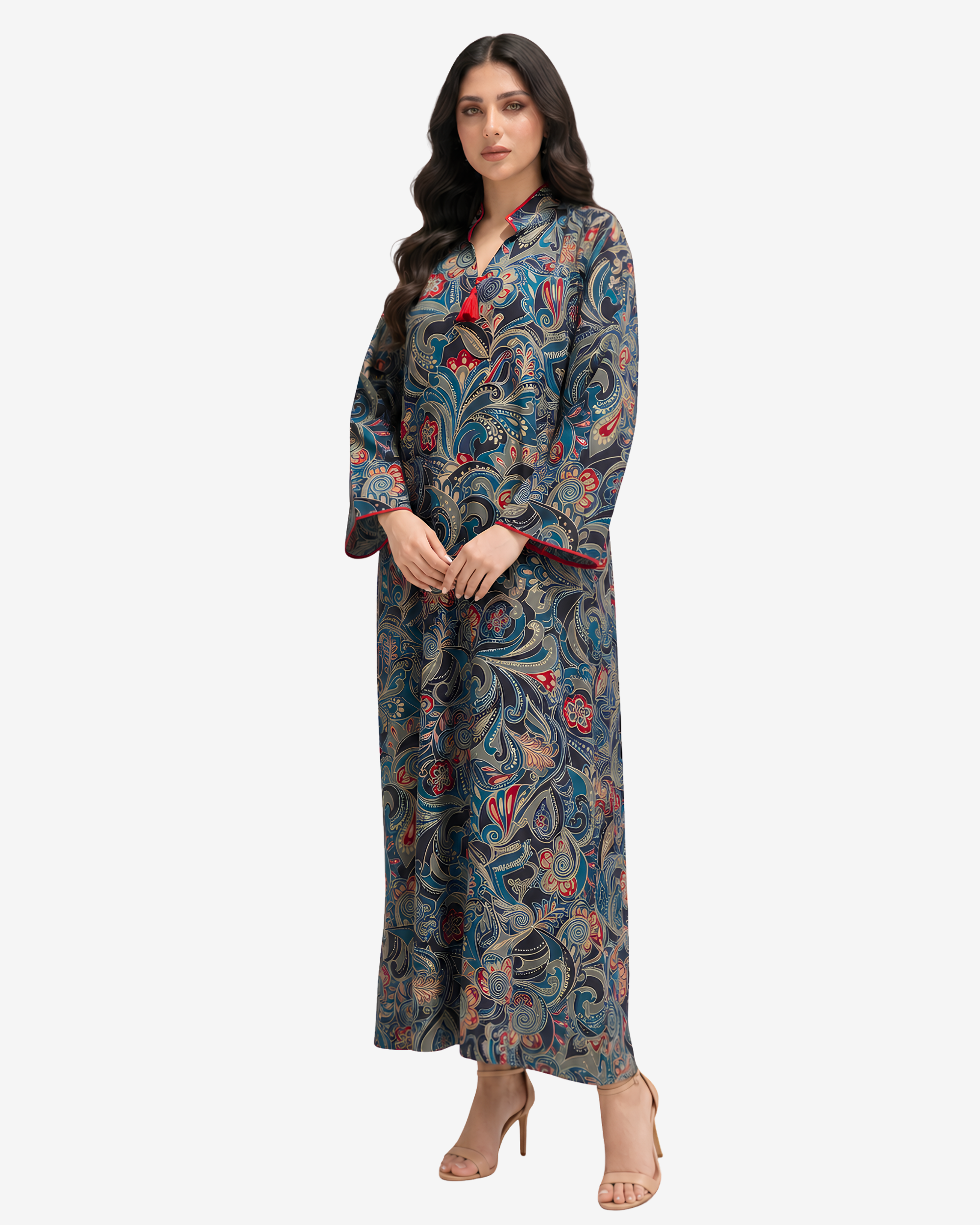 Full-length Midnight Paisley Silk Mukhawar showcasing premium silk fabric, artistic paisley pattern, and refined tassel neckline.