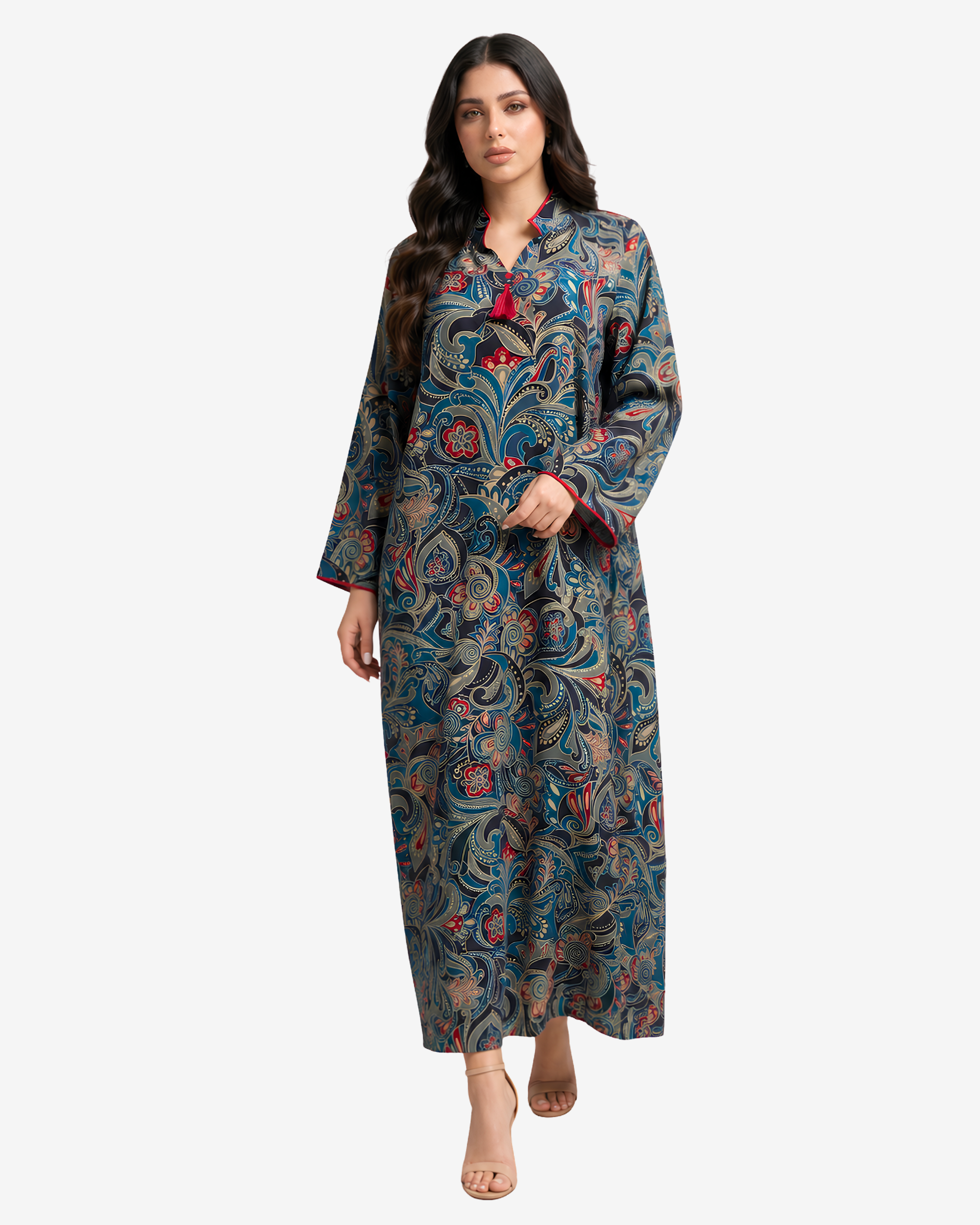 Elegant silk Mukhawar with a timeless paisley print, long sleeves, mandarin collar, and graceful modest design.