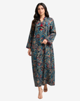 Elegant silk Mukhawar with a timeless paisley print, long sleeves, mandarin collar, and graceful modest design.