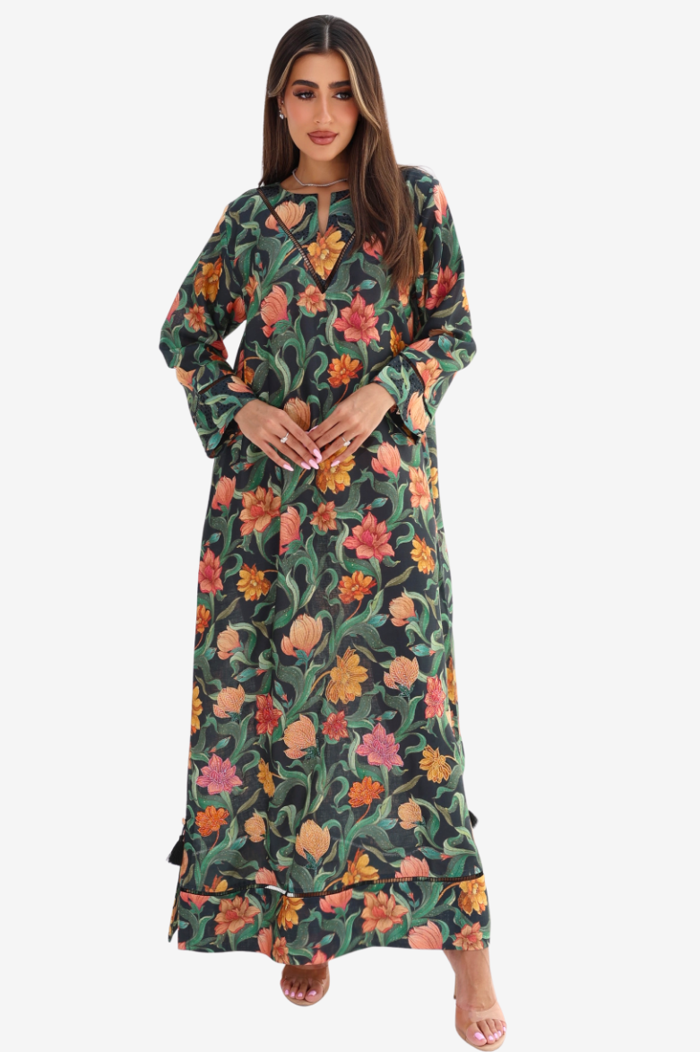 Secret Garden Split Neck Embellished Linen Blend Jalabiya front view