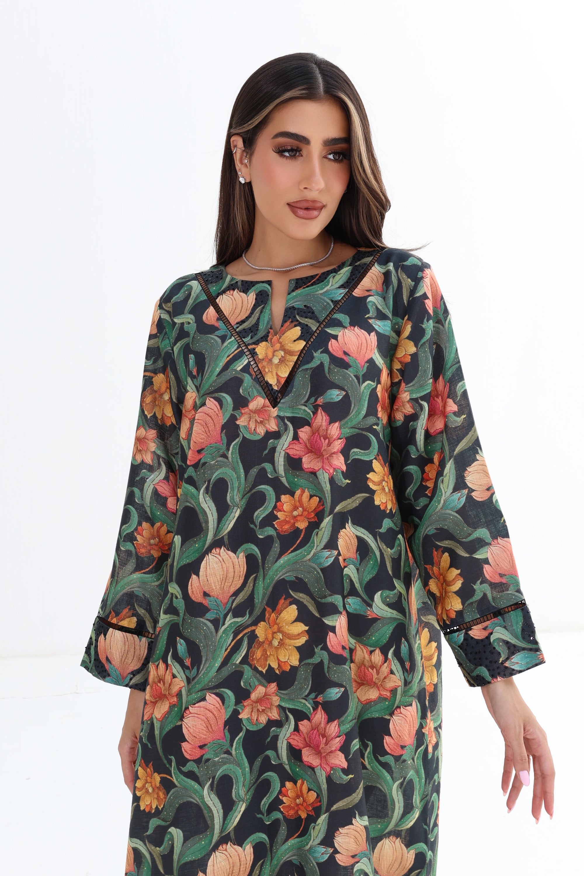 Midnight Botanical Linen Blend Dress with botanical floral print