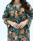Autumn Botanical Linen Blend Jalabiya botanical floral print detail