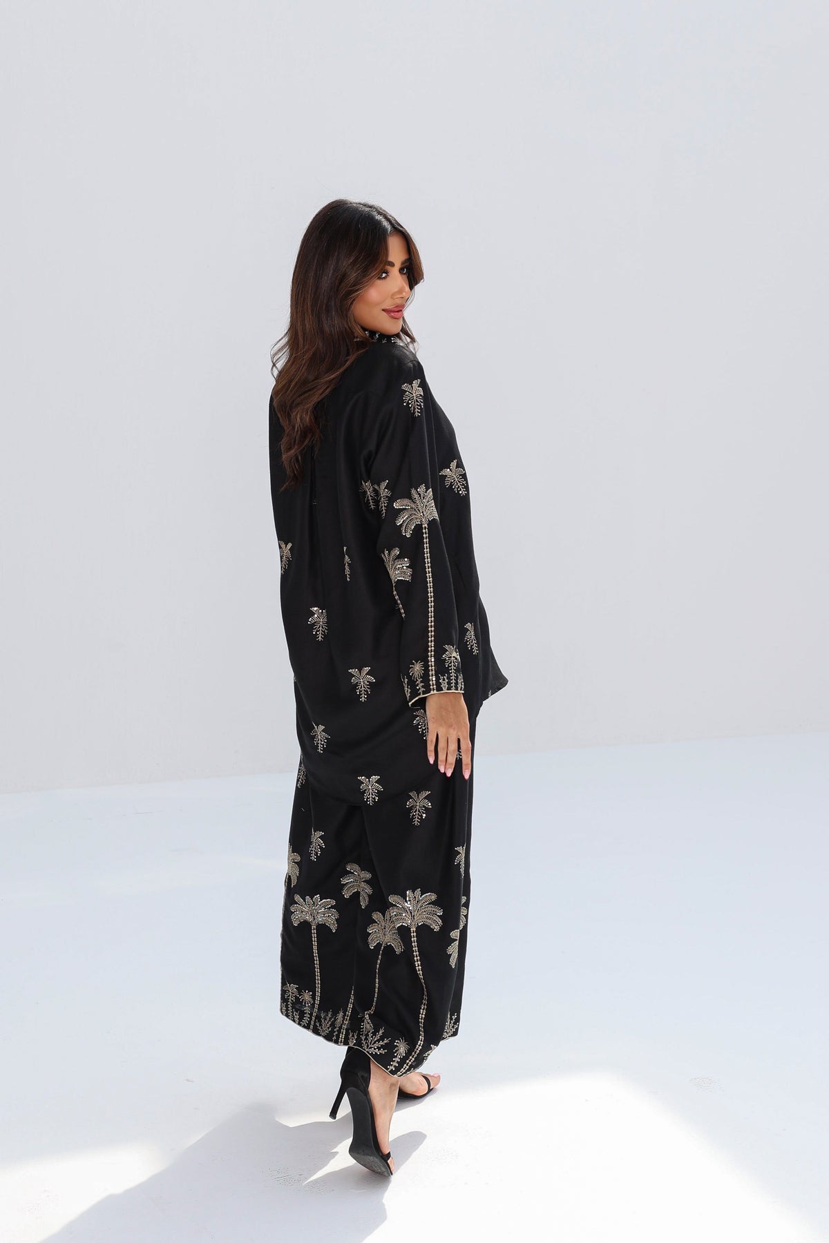 Side view of Midnight Palms Linen Blend Co-ord Set with relaxed flowing silhouette