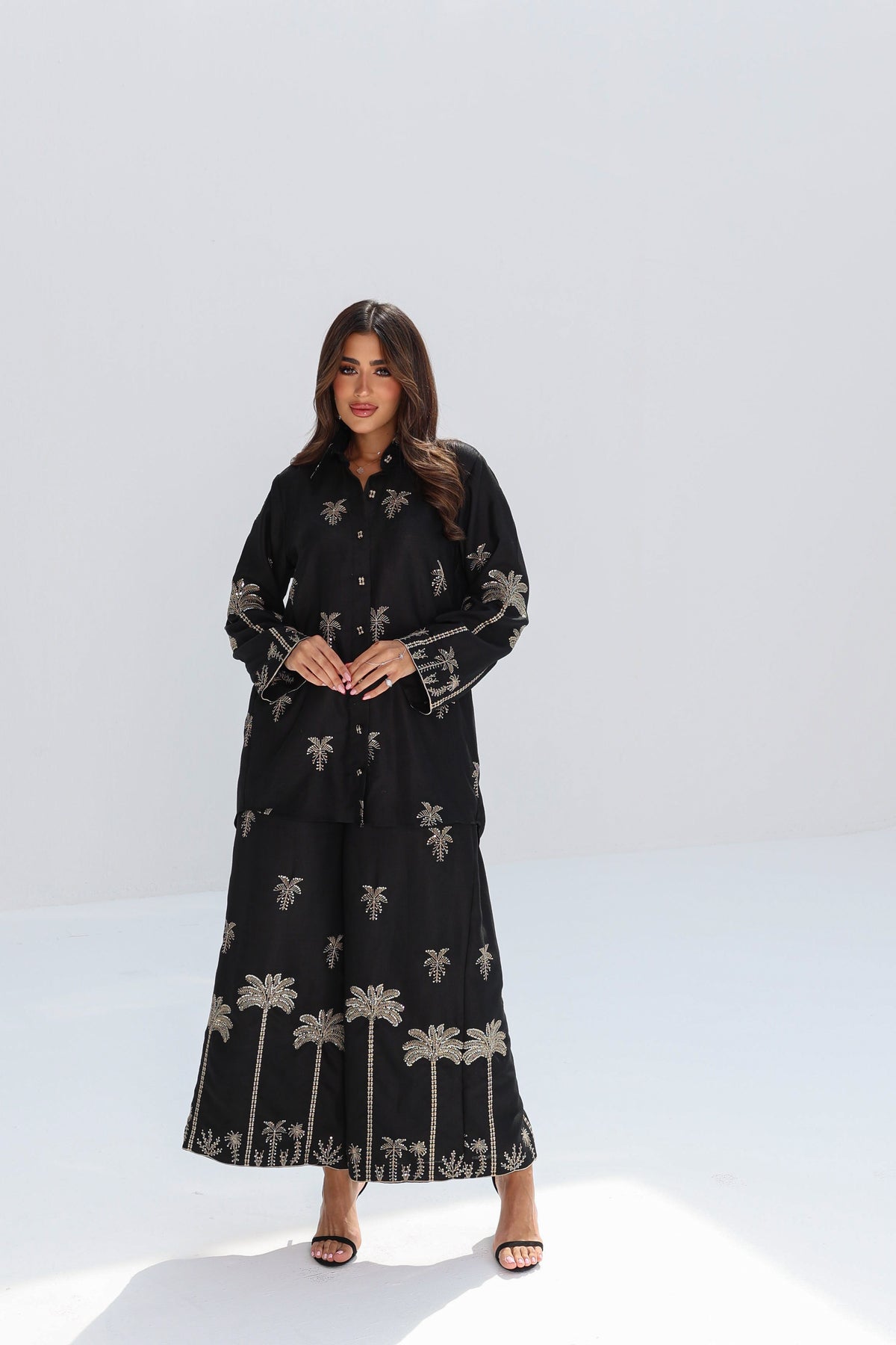 Full-length Midnight Palms Linen Blend Co-ord Set with matching printed wide-leg trousers