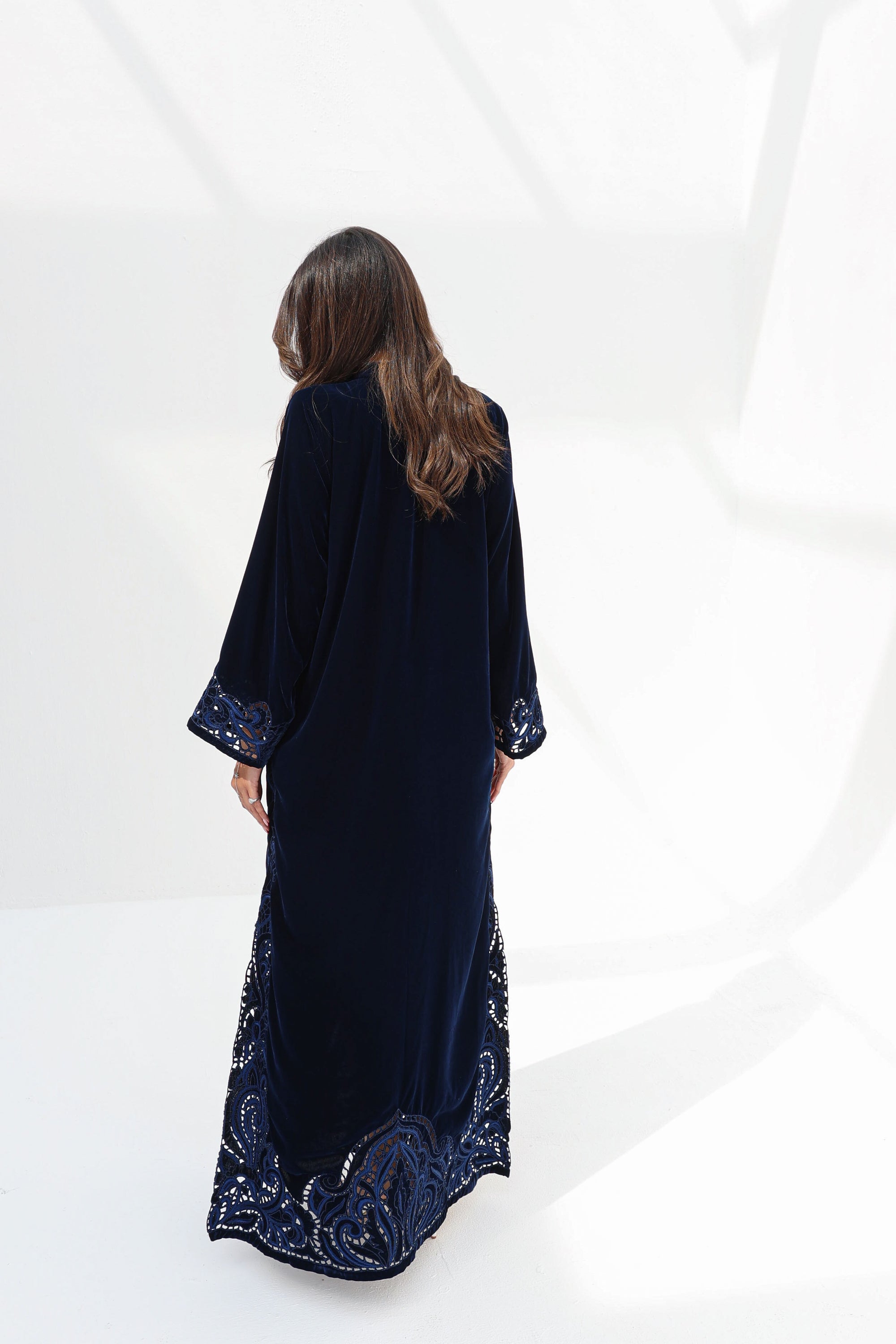 Full-length back view of Midnight Velvet Hand Embroidered Jalabiya
