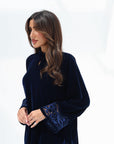Close three-quarter view of Midnight Velvet Jalabiya highlighting the hand-embroidered sleeve detail