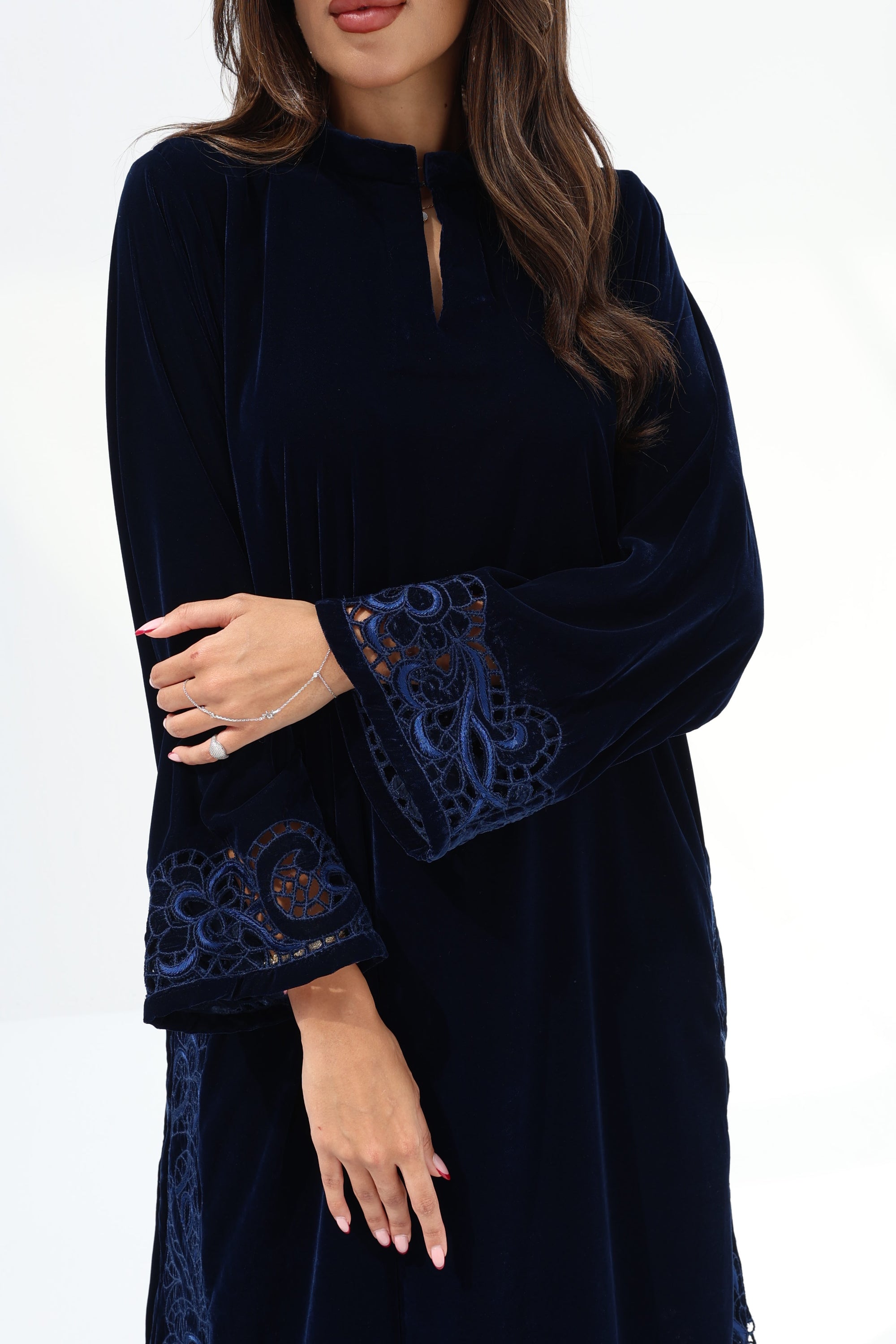  Close-up of Midnight Velvet Jalabiya featuring intricate tonal blue hand embroidery on the sleeve cuffs
