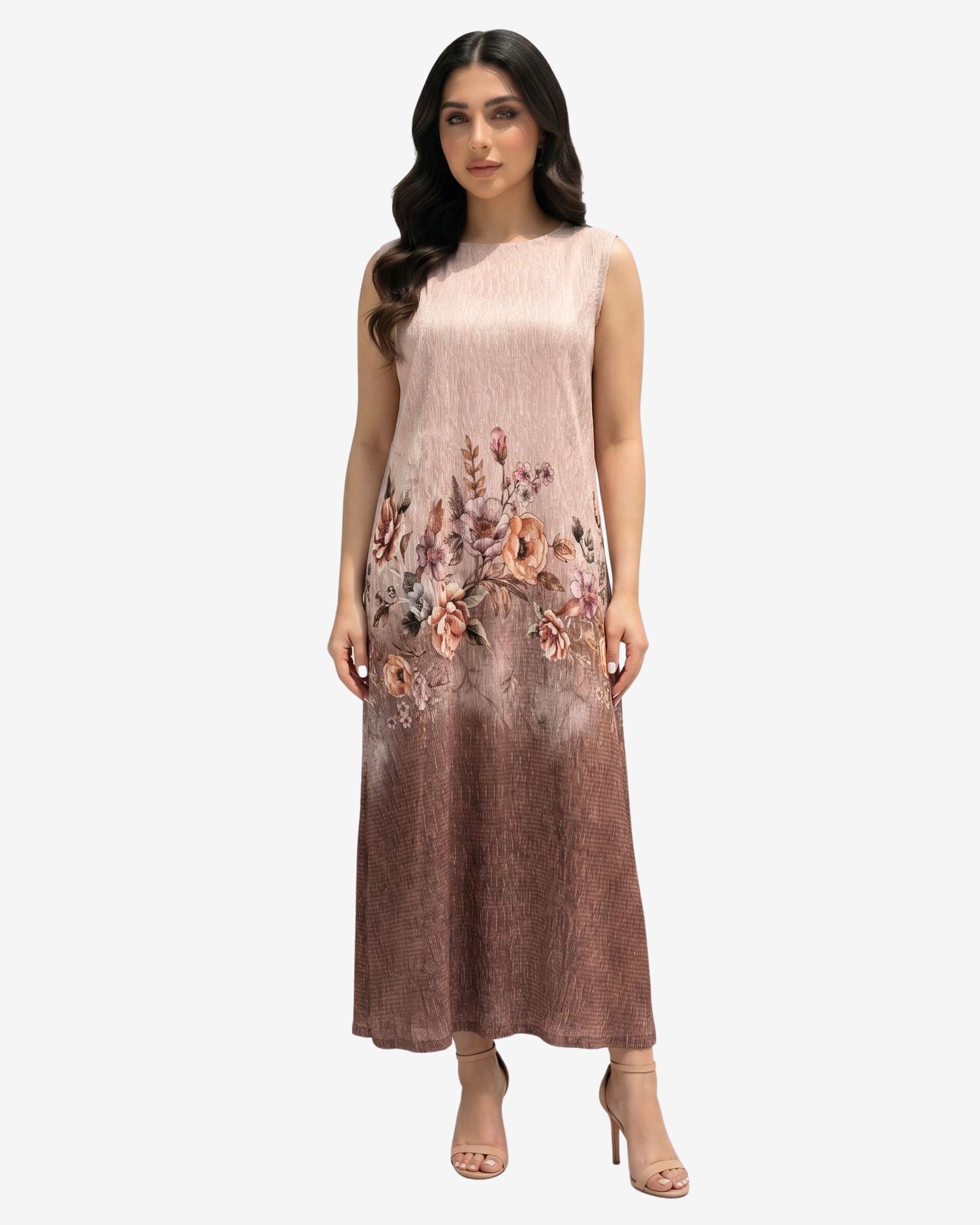 Mocha Blossom Velvet Satin Dress by Gharza Couture featuring a sleeveless floral design with a soft mocha ombré finish.