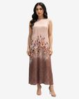 Mocha Blossom Velvet Satin Dress by Gharza Couture featuring a sleeveless floral design with a soft mocha ombré finish.