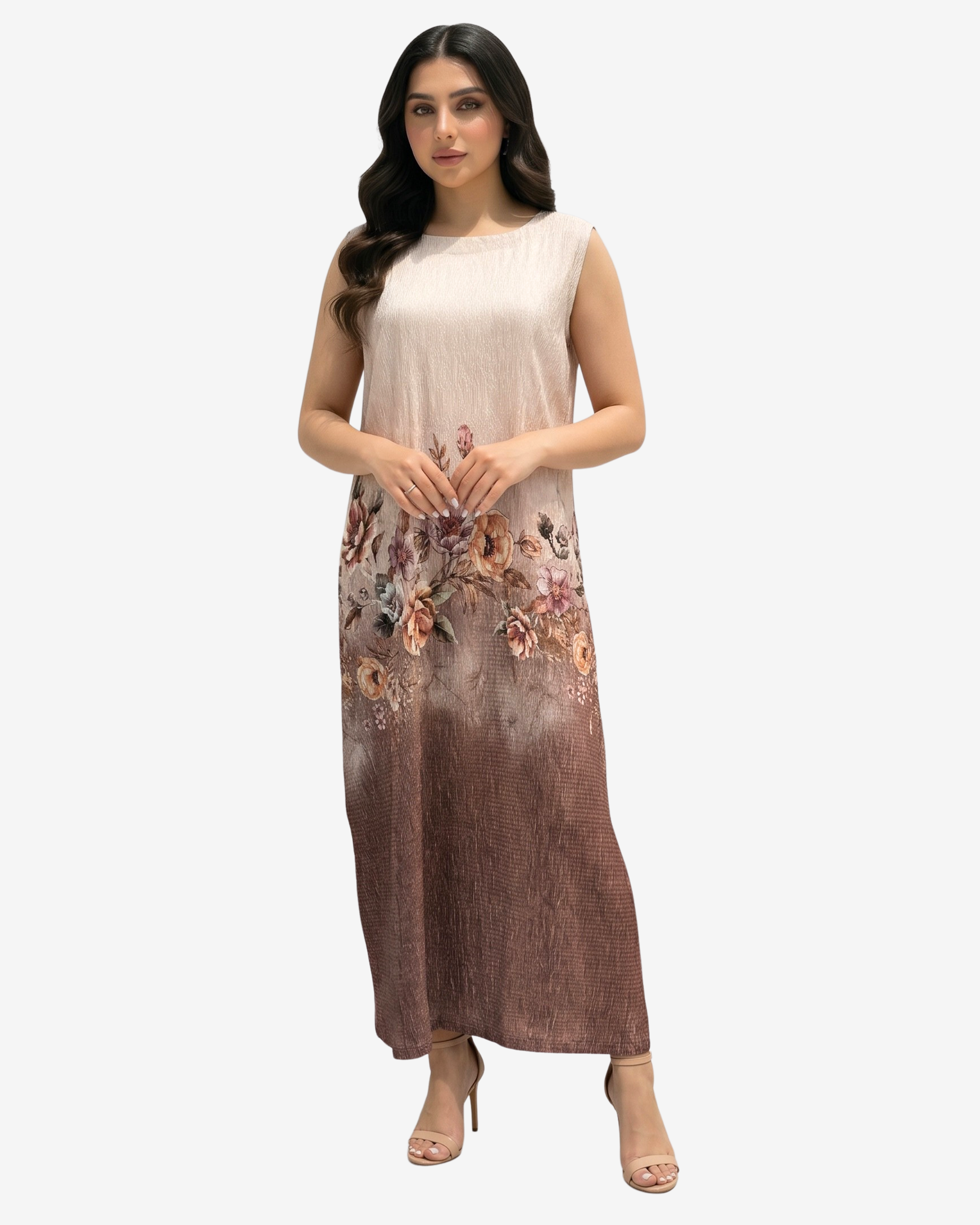 Mocha Blossom Belted Velvet Satin Dress with a detachable waist belt and graceful floral print by Gharza Couture.