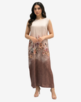 Mocha Blossom Belted Velvet Satin Dress with a detachable waist belt and graceful floral print by Gharza Couture.