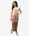Full-length Mocha Blossom Velvet Satin Dress highlighting the luxurious velvet satin fabric and elegant floral design.