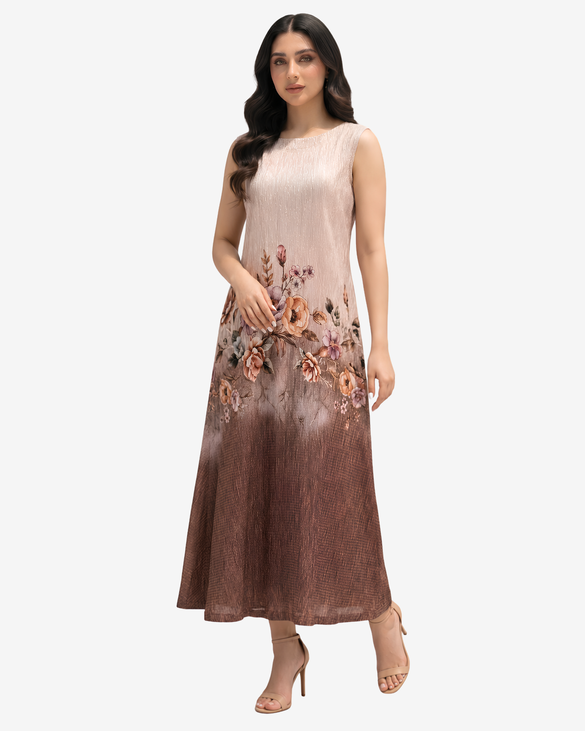 Front view of the Mocha Blossom Velvet Satin Dress showcasing elegant floral artwork and a flowing maxi silhouette.