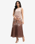 Front view of the Mocha Blossom Velvet Satin Dress showcasing elegant floral artwork and a flowing maxi silhouette.