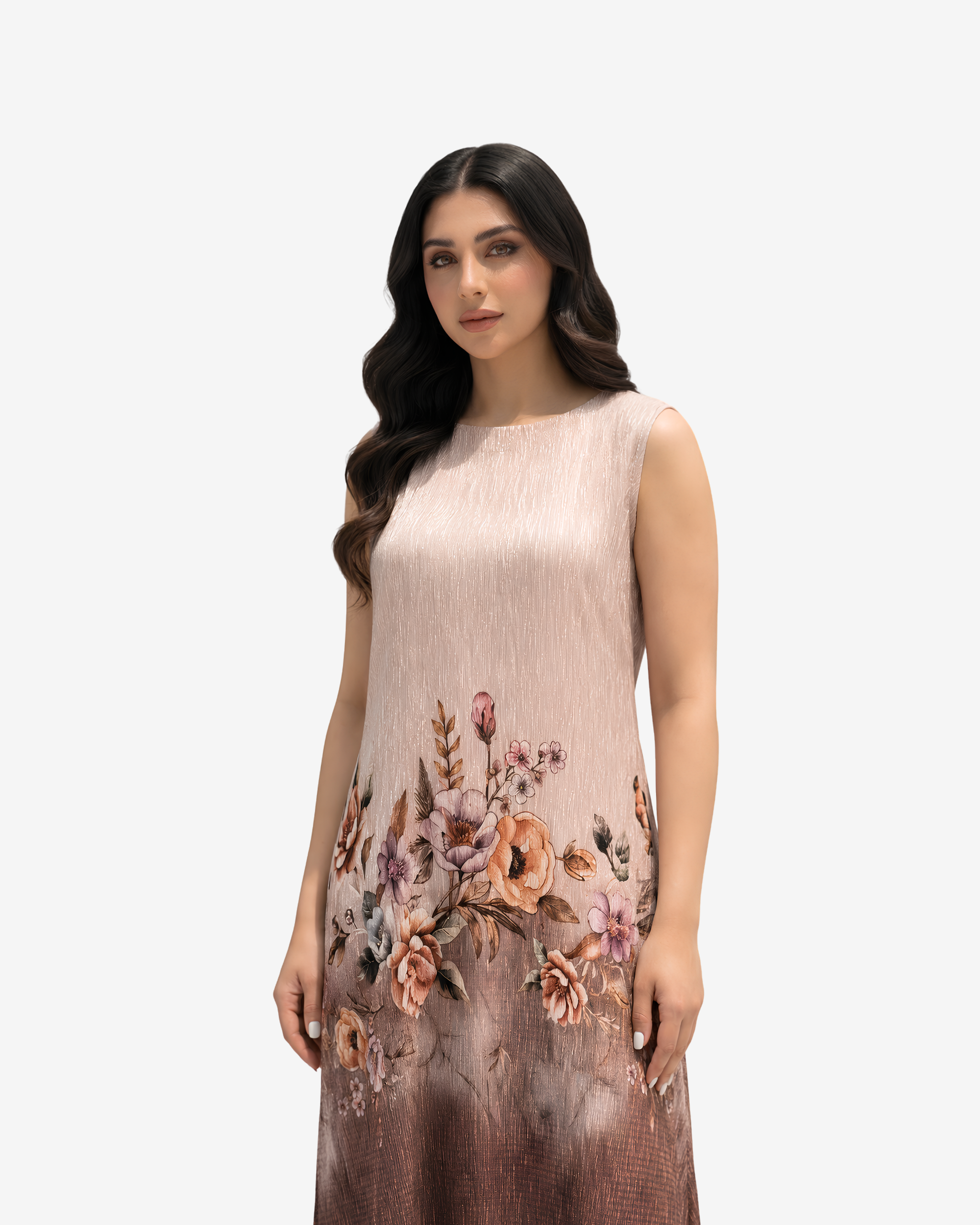 Close-up of the Mocha Blossom Velvet Satin Dress featuring the sleeveless neckline and delicate floral print.