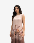 Close-up of the Mocha Blossom Velvet Satin Dress featuring the sleeveless neckline and delicate floral print.
