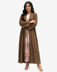 Elegant brown pleated open abaya crafted from premium crepe fabric with a timeless modest silhouette by Gharza Couture.