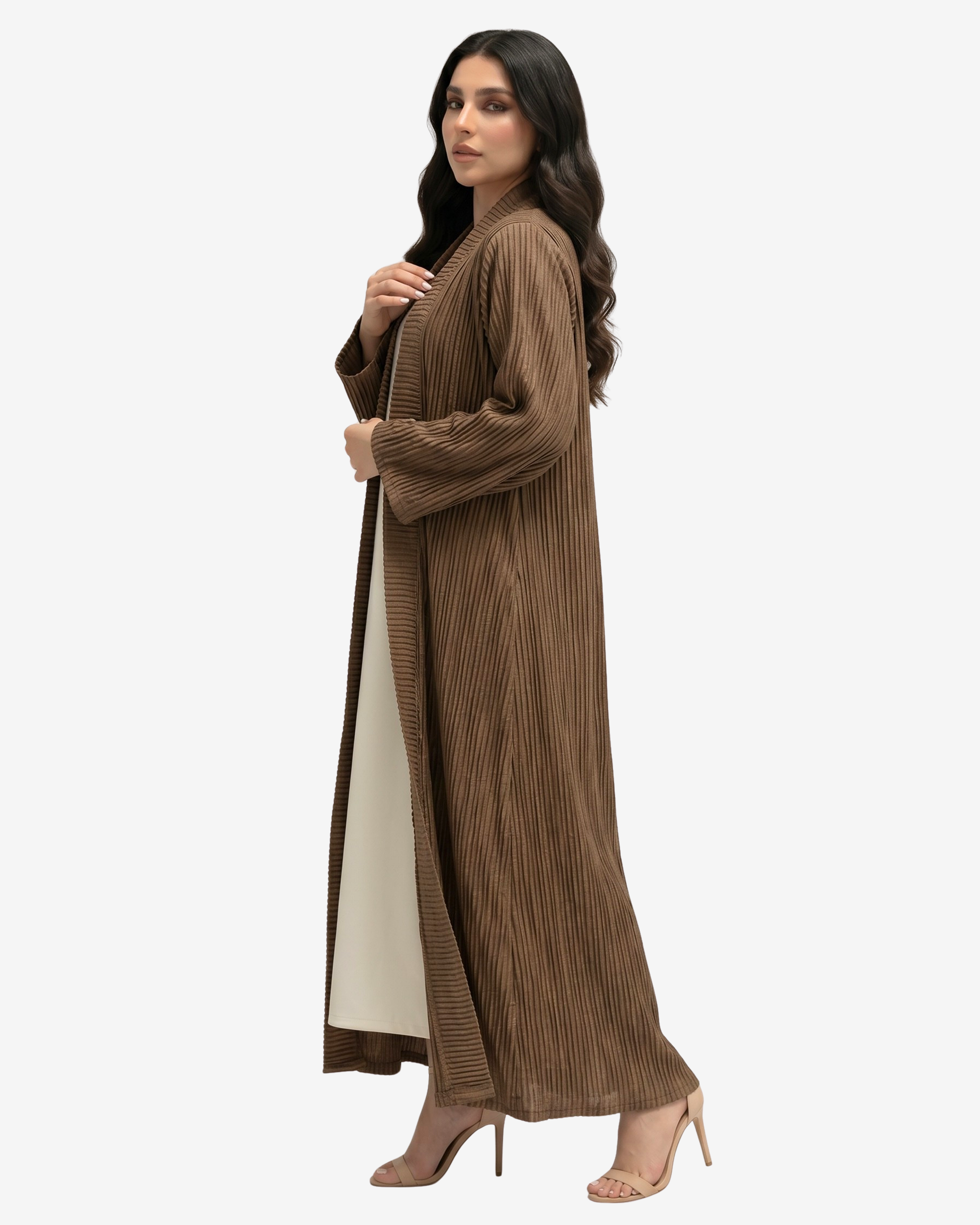 Side view of the Mocha Pleated Open Crepe Abaya showcasing flowing pleated texture and sophisticated modest styling.