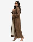 Side view of the Mocha Pleated Open Crepe Abaya showcasing flowing pleated texture and sophisticated modest styling.